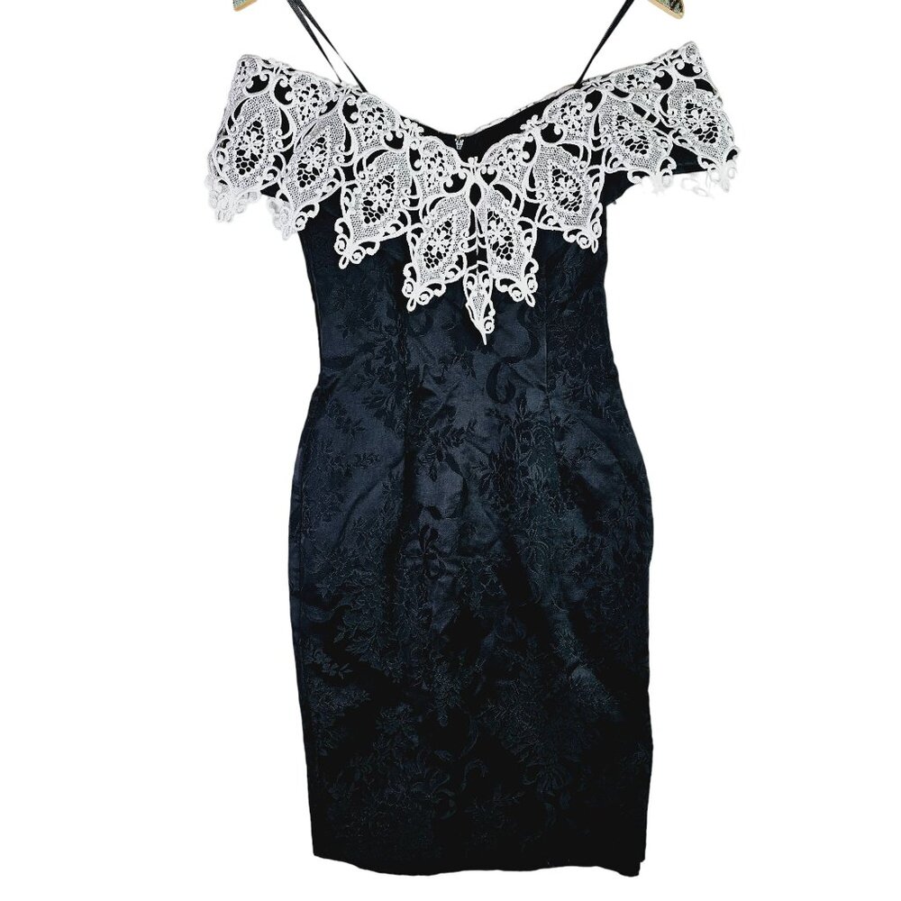 Vintage 1980's Scott McClintock Jacquard Satin Lace Off the Shoulder Dress, Sz 4